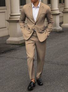 Calvornis Solid Color Single Breasted Long Sleeve Blazer And Pocket Formal Suit Pants Suit Formal - Khaki - View 5