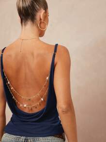 Lumalex Top sin espalda con escote de barco, decoración de cadena de metal y cintura fruncida para mujer