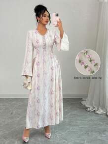 Yasmyna 女士紫色扎染印花拼接缎带领系带A字长袖阿拉伯连衣裙 - 紫色 - 查看 3