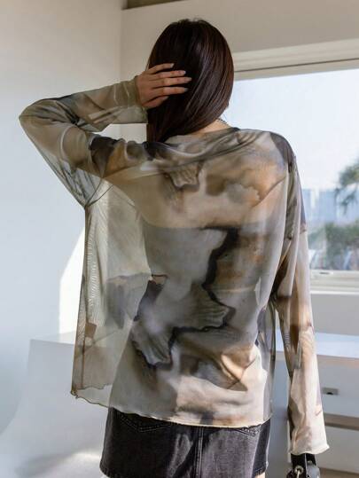 DAZY Tie Dye Drop Shoulder Mesh Top Without Bandeau Sheer Long Sleeve Women Tops