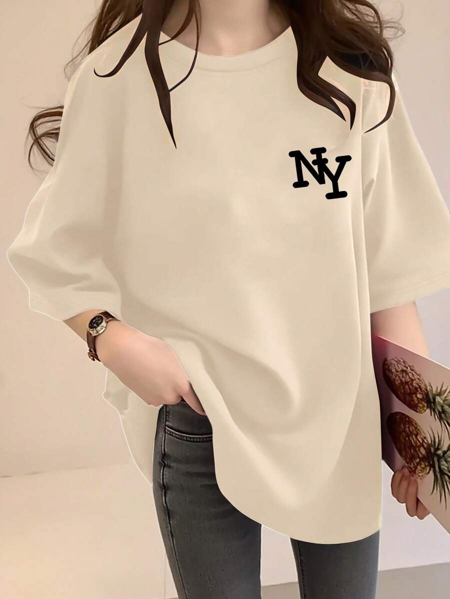 女式黑色纽约 NY 字母印花宽松圆领短袖 T 恤,休闲夏季上衣,优雅舒适的设计,适合日常穿着 - 杏色 - 查看 1