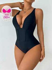 Swim DD+ Solid Color Sexy One-Piece Swimsuit For Beach/Resort For Summer Beach Vacation - Black - View 5