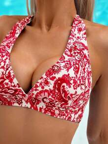 Swim Lushoire 女款隨機印花休閒海灘度假泳衣套裝，含上衣與高腰比基尼泳褲，春/夏季 - 紅白色 - 查看 6