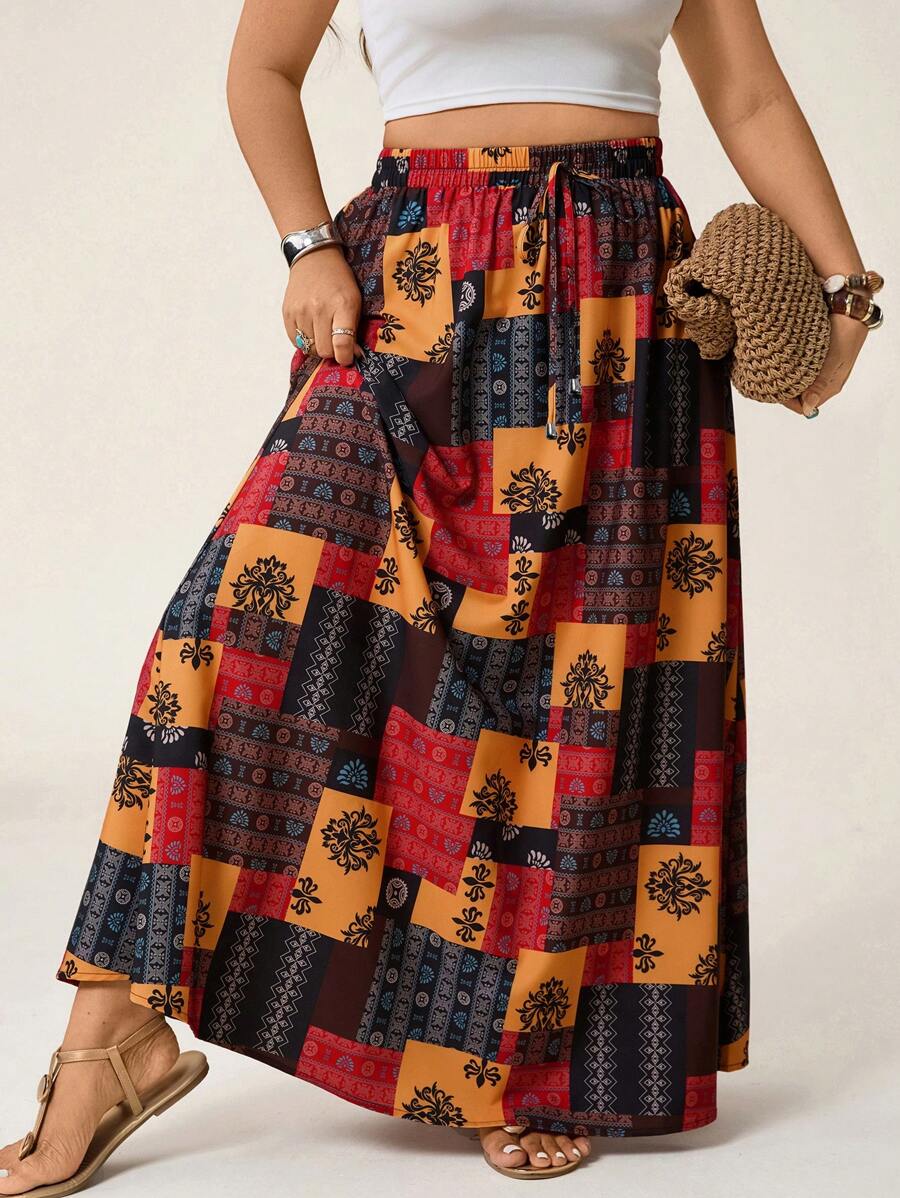 SHEIN LUNE Plus Size All-Over Print Casual Vacation Retro Fashion Drawstring Waist Skirt Summer Country Concert Beach Vacation Elegant Skirt For Women Teacher - Multicolor - View 1
