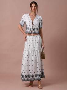 Enchnt Romantisches Set für Frühling/Sommer, weißes Oberteil mit Blumenstickerei-Print zum Binden vorne, Puffärmeln und Midirock für Damen, Urlaubsoutfit, süß und elegant für Geburtstage, Weihnachtsfeiern, süße Verabredungen, das tägliche Pendeln, Urlaub, Abschlussfeiern, Nachmittagstee und Gartenpartys, Sommeroutfits für Damen - Blau-Weiß - Übersicht 1