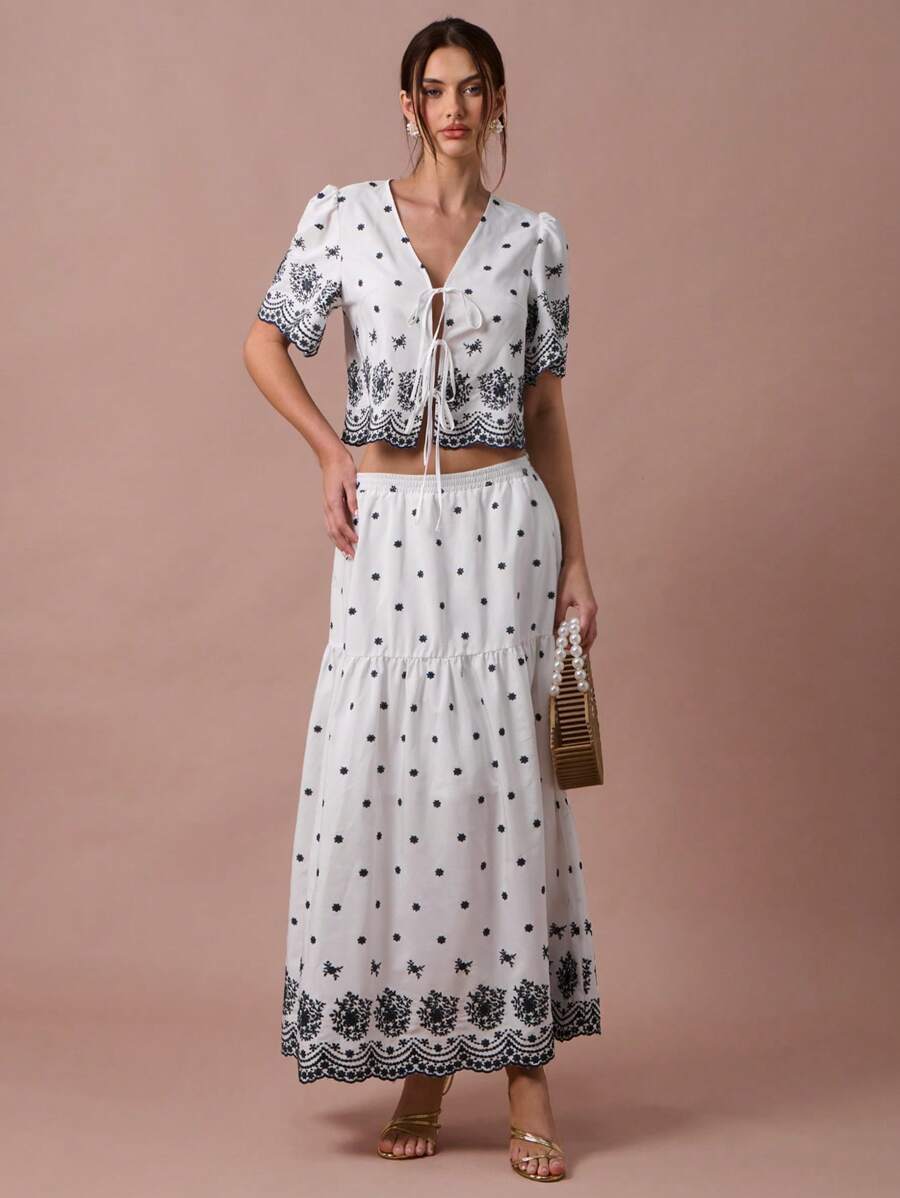 Enchnt Romantisches Set für Frühling/Sommer, weißes Oberteil mit Blumenstickerei-Print zum Binden vorne, Puffärmeln und Midirock für Damen, Urlaubsoutfit, süß und elegant für Geburtstage, Weihnachtsfeiern, süße Verabredungen, das tägliche Pendeln, Urlaub, Abschlussfeiern, Nachmittagstee und Gartenpartys, Sommeroutfits für Damen - Blau-Weiß - Übersicht 1