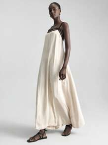 Ontre Damen Leinen Exklusivkleid für alle Jahreszeiten, lässiges Pendelkleid mit Träger und Rückenausschnitt, schwarzes Trägerkleid