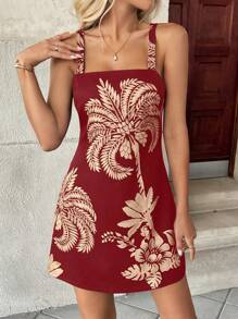 Easowa 植物印花女式休闲假日吊带短裙 - 酒紅色 - 查看 6