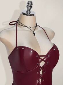 SHEIN ICON 加大码露背深 V 领交叉露背修身 PU 皮革紧身连衣裙，Y2K 性感 PU 皮革紧身连衣裙 - 酒紅色 - 查看 7