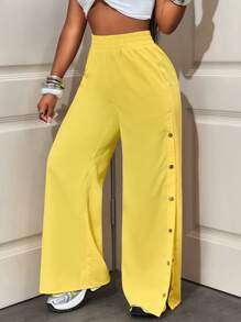 BamGleam Women's Solid Color Elastic Waist Button Design Split Wide Leg Pants Fall Cloth For Women - Yellow - View 6