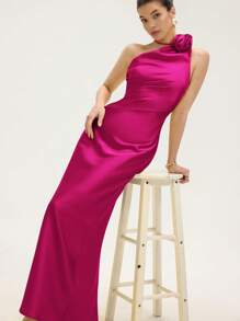 Revavyn 浪漫派对轻盈雪纺连衣裙，不对称领口，腰部褶饰设计，贴合腰部，领口系带细节，女士超长无袖 - 玫紅色 - 查看 6