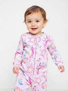 Baby Girl Casual White Starfish & Shell Sea Life Digital Print Long Sleeve Zipper Bodysuit - White - View 1
