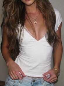 INAWLY Women's Summer Fashion Contrast Lace Solid Color Slim Fit V-Neck T-Shirt - White - View 5