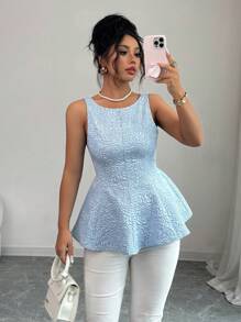 Elenzga Neuer Frühlings-Sommer Damen Urlaubs-Lässig eleganter Jacquard-Stoff schlanker kurzer exquisiter Oberteil mit offenem Rücken, Schleifen-Dekoration, schlanker Rüschen-Saum, modisch und vielseitig mit floralem Texturmuster, elegante junge Pendler-Party-Date-Mode, junger neuer Sommer, hellblauer floraler Textur-Stoff Damen-Oberteil - Babyblau - Übersicht 5