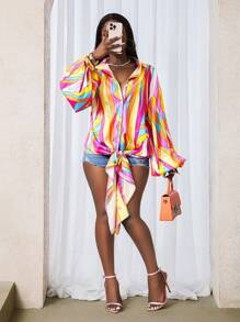 BamGleam Women's Colorful Striped Lantern Sleeve Knotted Hem Loose Blouse Fall Cloth For Women - Multicolor - View 1