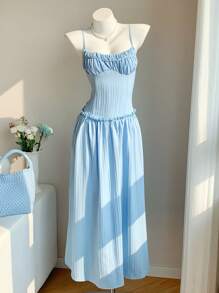 SHEIN EZwear Women's Summer Solid Color Ruffle Trim Maxi Slip Dress For Resort Vacation