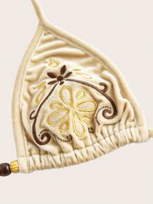 Amplova Triangle Cup Beaded Embroidered Boho Vacation Style Top Apricot Velvet Triangle Bikini Top - Apricot - View 4