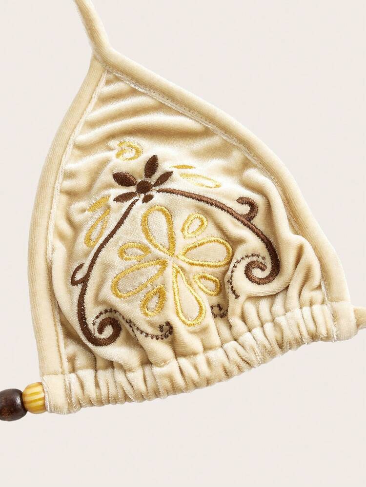 Amplova Top de bikini triangular de terciopelo albaricoque con bordado de cuentas y estilo bohemio de vacaciones - Albaricoque - Añade 4