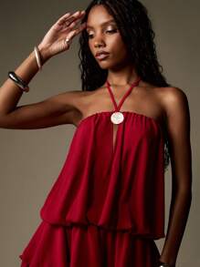 MISSGUIDED Đầm dự tiệc ngắn cổ yếm xếp tầng bằng chiffon, kiểu dáng thướt tha, thích hợp cho buổi tối mùa hè, dự tiệc cưới, dự lễ hội, không tay. - Màu Đỏ Sâu - Xem 6