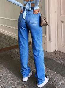 SHEIN ICON 女式休闲石洗修身无弹力牛仔裤 - 中等水洗藍 - 查看 2