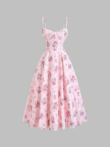 Glamine Charm 女士花卉印花蕾丝边吊带背心长裙，浪漫优雅，适合度假、约会、郊游、百搭、夏季 - 粉色 - 查看 3