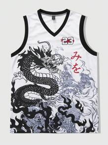 ROMWE MEN Men's Anime Street Style American Dragon Scale Basketball Jersey - White - View 1