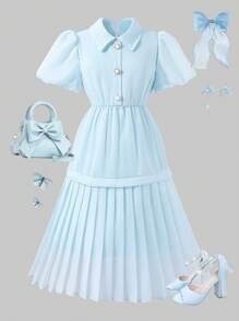 Girls' Solid Color Collar Puff Sleeve Cinched Waist Elegant Dress, Summer - Blue - View 4