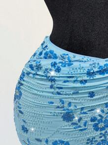 SHEIN ICON 女式亮片刺绣褶饰紧身迷你裙 - 藍色 - 查看 2