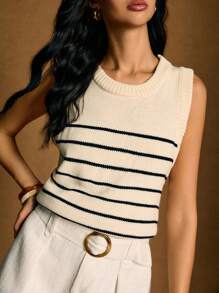 Poéselle 女士条纹印花圆领时尚休闲条纹针织上衣，女士夏季针织上衣毛衣背心针织背心条纹上衣秋冬
