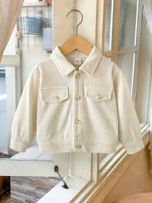 SHEIN Playful Pals 男婴纽扣翻领长袖衬衫夹克，适合上学、休闲、度假、运动、家居服、秋季，6 个月 - 3 岁，服装、夹克、上衣春季夹克秋冬灯芯绒夹克