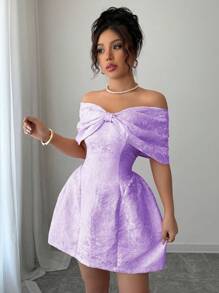 Rafferiza Váy ngắn vải Jacquard cổ nơ trễ vai cho nữ, Xuân/Hè - Màu tím - Xem 5