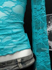 EgrlEra Lace Trimmed Slim Fit Long Sleeve Top Y2K  Fall Cloth For Women - Mint Blue - View 4