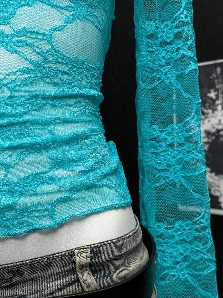 EgrlEra Lace Trimmed Slim Fit Long Sleeve Top Y2K  Fall Cloth For Women - Mint Blue - View 4