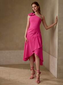 MOTF PREMIUM VESTIDO CON DISEÑO DE VOLANTE EN LOS HOMBROS, DOBLADILLO ASIMÉTRICO Y AJUSTE EN LA CINTURA PARA MUJER - Rosa Fucsia - Ver 6