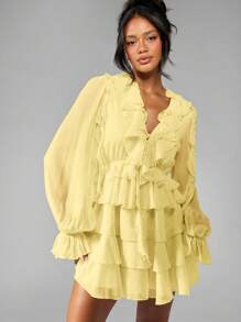 MISSGUIDED Ruffle Tiered Mini Dress Balloon Long Sleeve Chiffon Spring Summer Wedding Guest Party Occasion Boho Evening Wear - Yellow - View 7