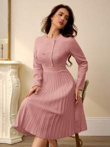 Aveloria Rosie 复古别致通勤时尚法式休闲优雅金属扣无领拼接褶边下摆女士连衣裙女士优雅连衣裙