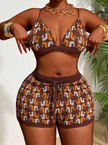 Veslaya Plus Size Women Full Print Sleeveless Knitted Tank Top And Woolly Shorts Sexy 2 Pieces Set - Multicolor - View 11