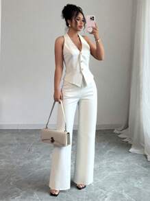 Elenzga 女式夏季单排扣吊带背心和裤子两件套 - 杏色 - 查看 1