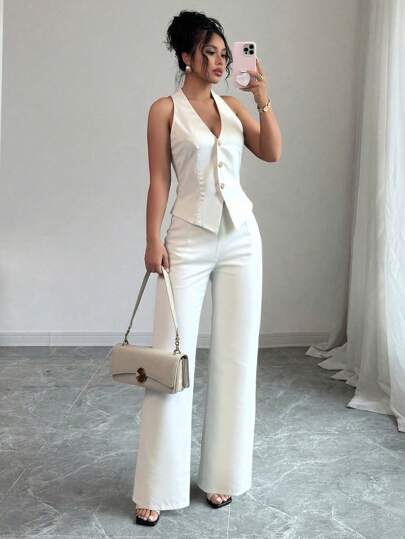 Elenzga Conjunto de 2 piezas de chaleco halter de solapa única y pantalones de verano para mujer