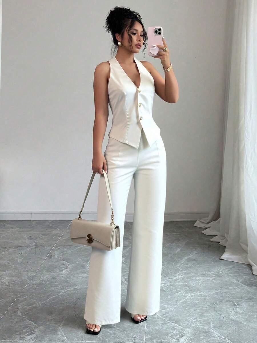 Elenzga 女式夏季单排扣吊带背心和裤子两件套 - 杏色 - 查看 1