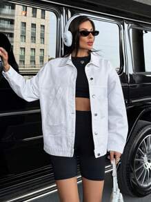 EURMUSE Oversize White Drop Shoulder Button Front Denim Jacket White Jean Jacket Oversized Jean Jacket Oversized Denim Jacket Womens Jean Jacket - White - View 1