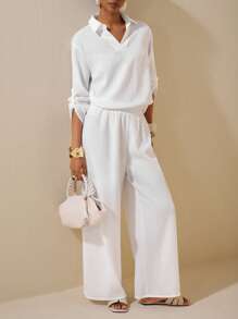 Zivah 2025 New Summer Casual Elegant Vacation Daily Dating Commuting Work Wear Simple Basic Style Lapel Long-Sleeved Drop Shoulder Loose Shirt + Wide-Leg Ultra-Long Pants White Women's Two Pieces Suit White Two Pieces Set Women Women White Summer Set Loungewear Women