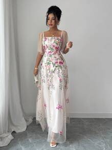 Elenzga 花卉刺绣网布拼布圆领短袖连衣裙 - 杏色 - 查看 5