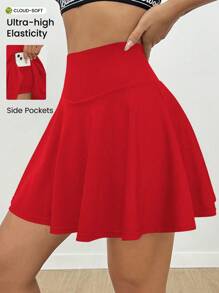 Core Rhythm Váy mini thể thao thời trang cạp cao màu trơn thiết kế túi, mùa hè - Đỏ - Xem 6