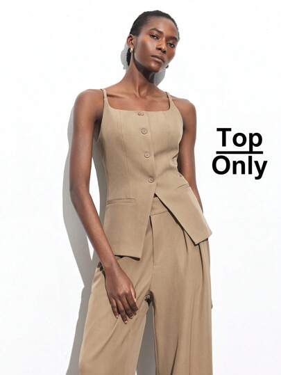 Maija 2025 Summer New Lightweight Khaki Adjustable Straps Waistcoat Office Wear, Modern Elegant Urban Casual Commuter Music Festival Beach Vacation Everyday Romantic Urban Vacation, Suitable For Outdoor Parties, Weddings, Graduation, Old Money Style In Fall/Winter