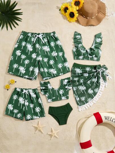 Pantalones cortos de playa con cordón y estampado de palmeras sobre base verde para niño pequeño, a juego con la familia (mamá e hija, se venden por separado)
