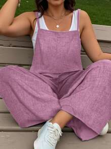 EMERY ROSE Plus Size Denim Effect Textured Square Collar Casual Jumpsuit - Dusty Pink - View 1