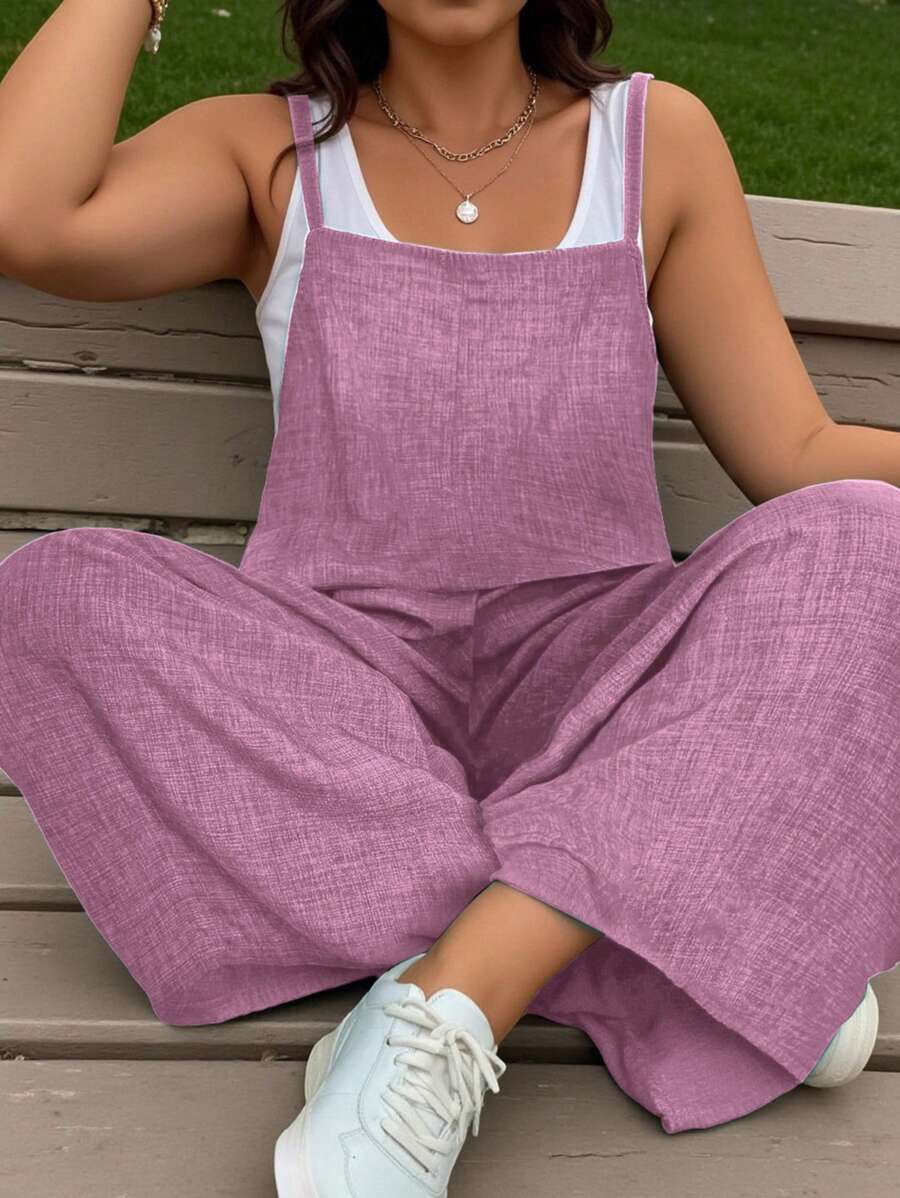 EMERY ROSE Plus Size Denim Effect Textured Square Collar Casual Jumpsuit - Dusty Pink - View 1