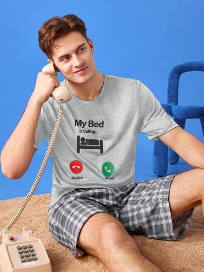Casual "My Bed" Text Print Comfortable Loungewear Top Pullover T-Shirt For Young Men