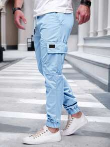 Manfinity Homme Pantalones cargo casuales lisos para hombres, adecuados para verano y otoño - Azul - Ver 2